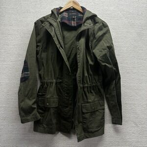 Women's‎ Hooded Utility Parka Jacket Sz Med Green Plaid Elbow Patches Gorpcore